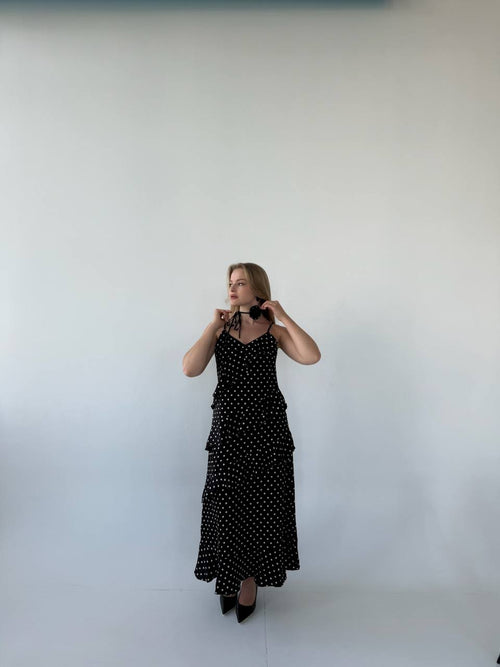 Polka Dot Maxi Dress with Floral Choker