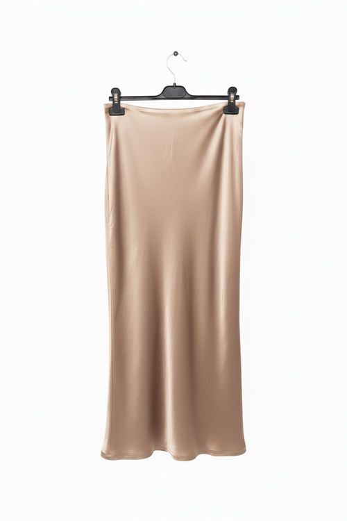 Beige satin skirt on a hanger against a white background
