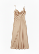 Beige satin slip dress on a white background