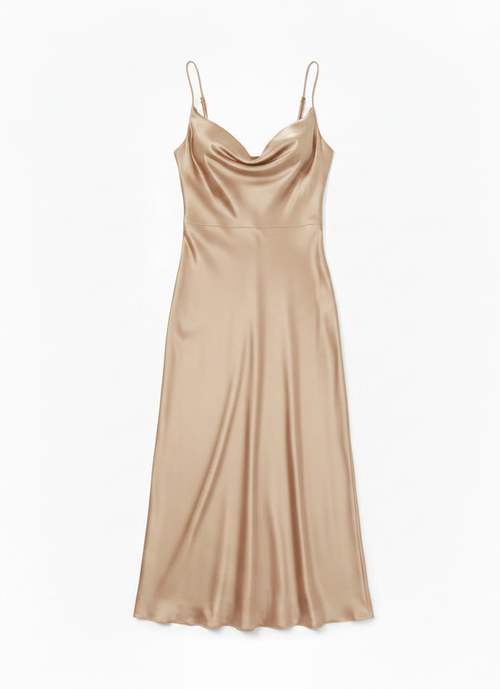 Beige satin slip dress on a white background