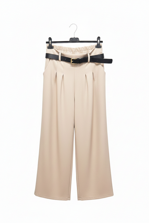 Beige wide-leg pants with a black belt on a hanger against a white background