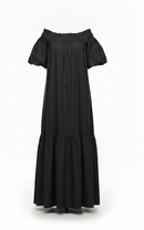 Black off-shoulder dress with lace details on a white background