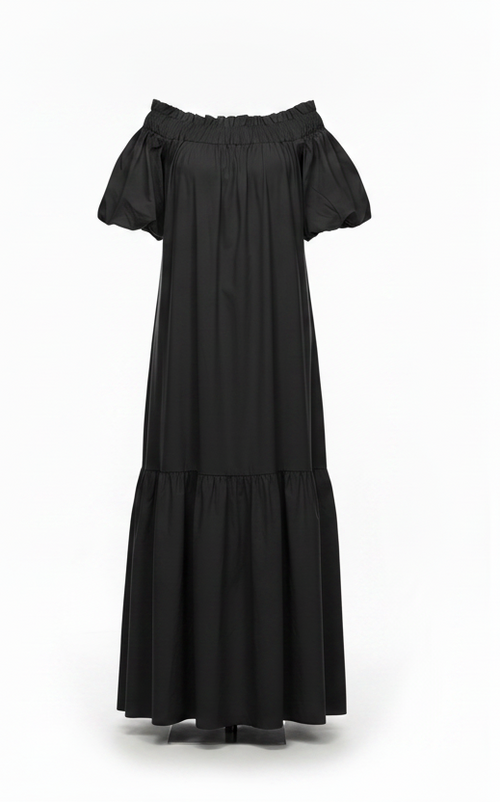 Black off-shoulder dress with lace details on a white background