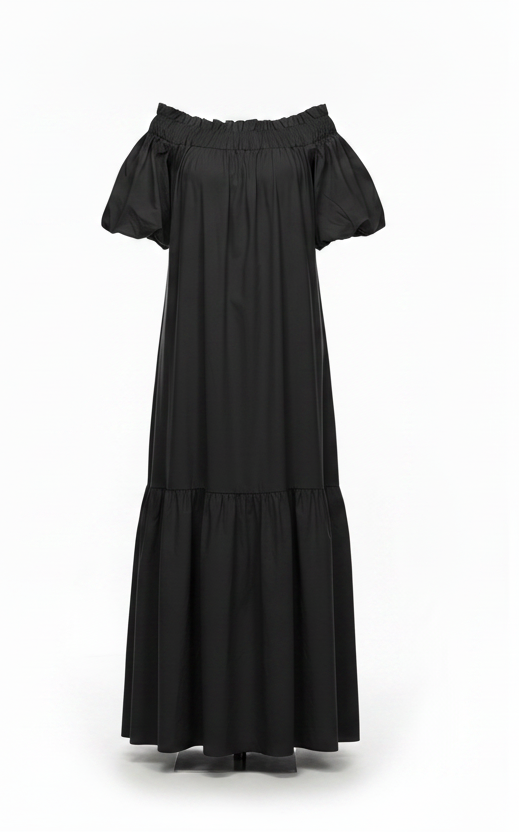 Black off-shoulder dress with lace details on a white background