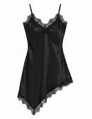 Black satin slip with lace trim on a white background