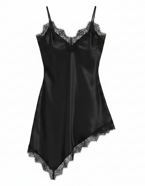 Black satin slip with lace trim on a white background