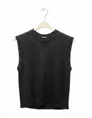 Black sleeveless knitted vest on a hanger against a white background