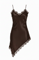 Brown satin nightgown with lace trim on a white background