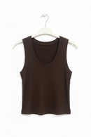 Brown tank top on a white hanger against a white background