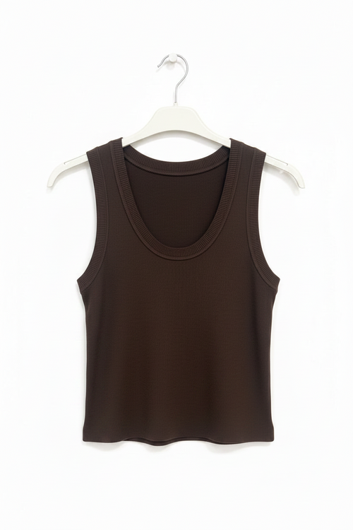 Brown tank top on a white hanger against a white background