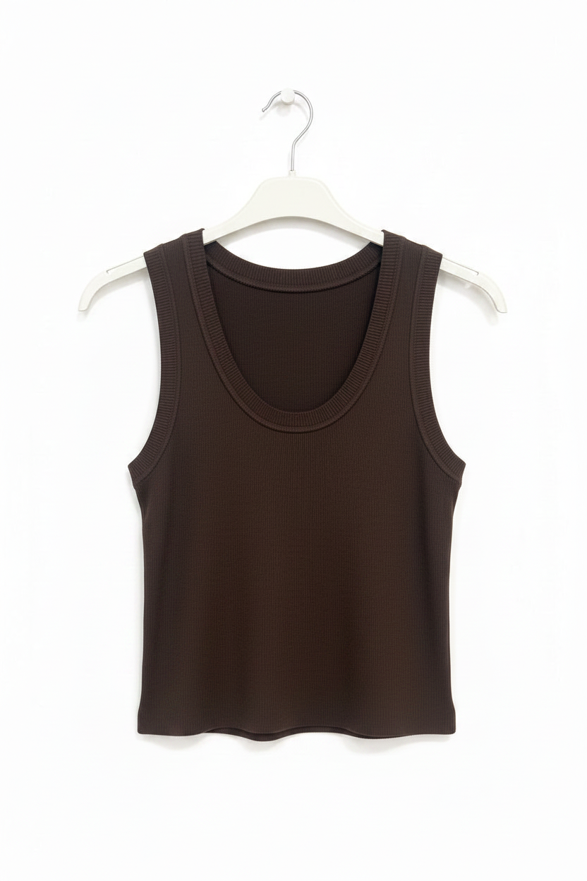 Brown tank top on a white hanger against a white background