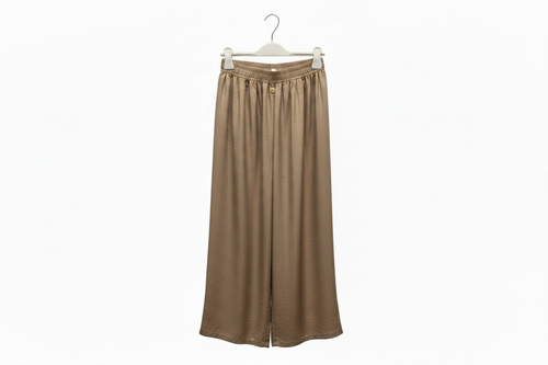 Brown wide-leg pants on a hanger against a white background