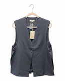 Gray vest on a hanger with a visible brand tag against a white background