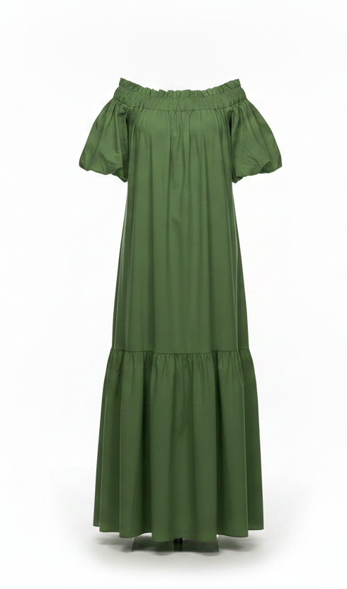 Green off-shoulder dress on a white background