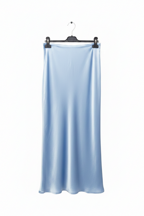 Light blue satin skirt on a hanger against a white background