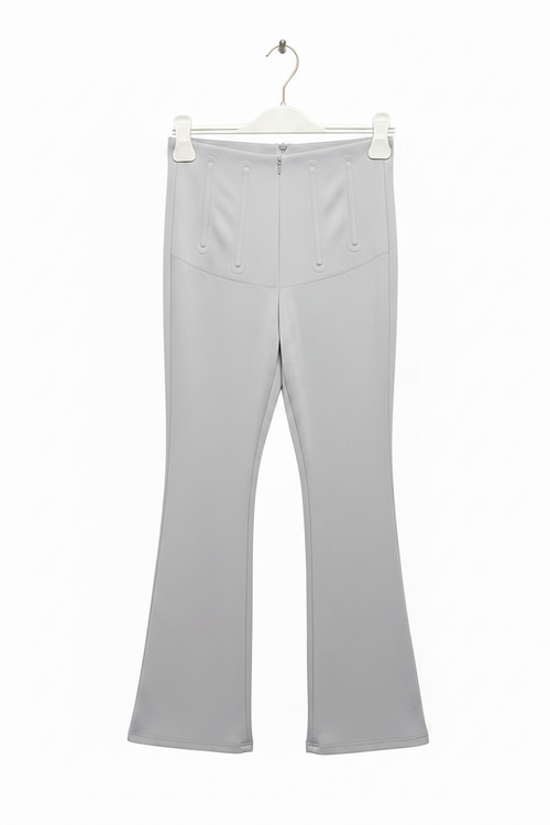 Light gray flared pants hanging from a white plastic hanger against a plain white background.