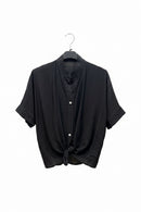 Lightweight black short-sleeve shirt with a relaxed fit, button front and tie detail at the waist.