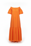 Orange off-shoulder dress on a white background