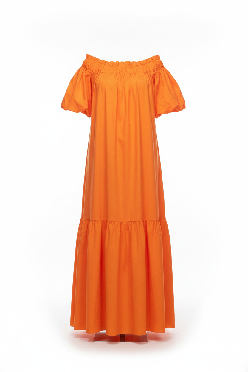 Orange off-shoulder dress on a white background
