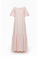 Pink dress with sheer sleeves on a white background