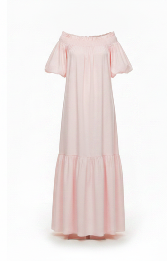 Pink dress with sheer sleeves on a white background