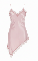 Pink satin slip with lace trim on a white background