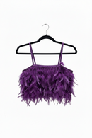 Purple feathered top on a black hanger against a white background