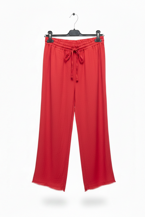 Red pants on a hanger against a white background